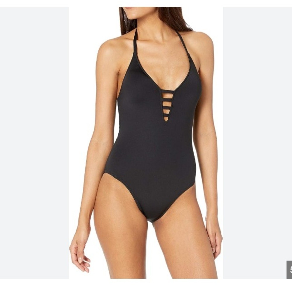 La Blanca Strappy Plunge One-Piece Swimsuit Black Halter Size 12